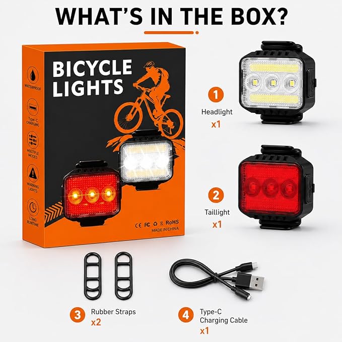 Bright Bike Lights Set for Night Riding, 9+9 Modes Rechargeable eBike Lights Front and Back, Waterproof Bicycle Lights, Bike Headlight and Tail Light Set for MTB, Off-Road & City Riding