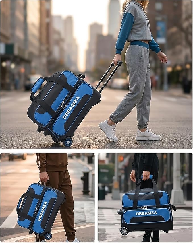 2 Ball Bowling Bag with Wheels, Double Bowling Ball Bag 2 Ball Roller w/Separate Compartment for Shoes Up to US Mens Size 16, w/Retractable Handle Extends to 40" & Accessories Pocket