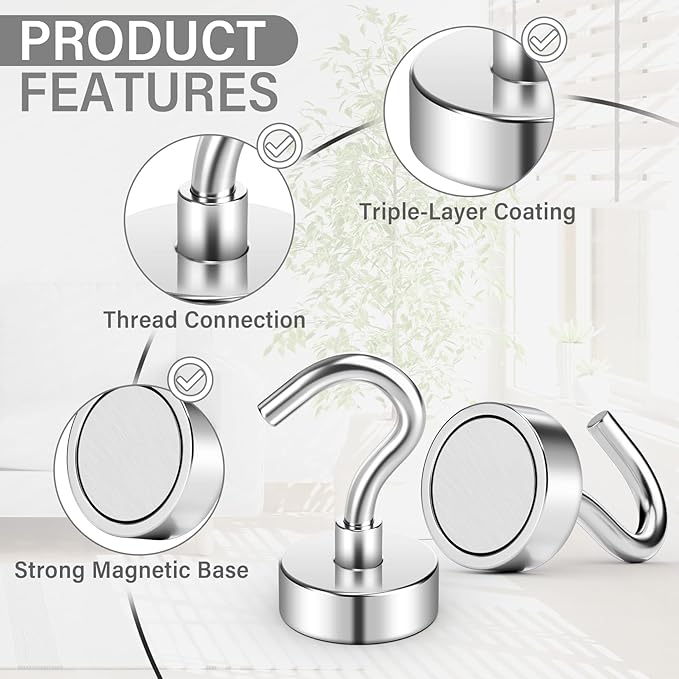 20Pack Heavy Duty Magnetic Hooks, 30 lbs Strong Neodymium Magnet Hooks for Hanging, Magnet with Hook for Cruise, Grill, Fridge, Home,Locker Accessories(Silver)