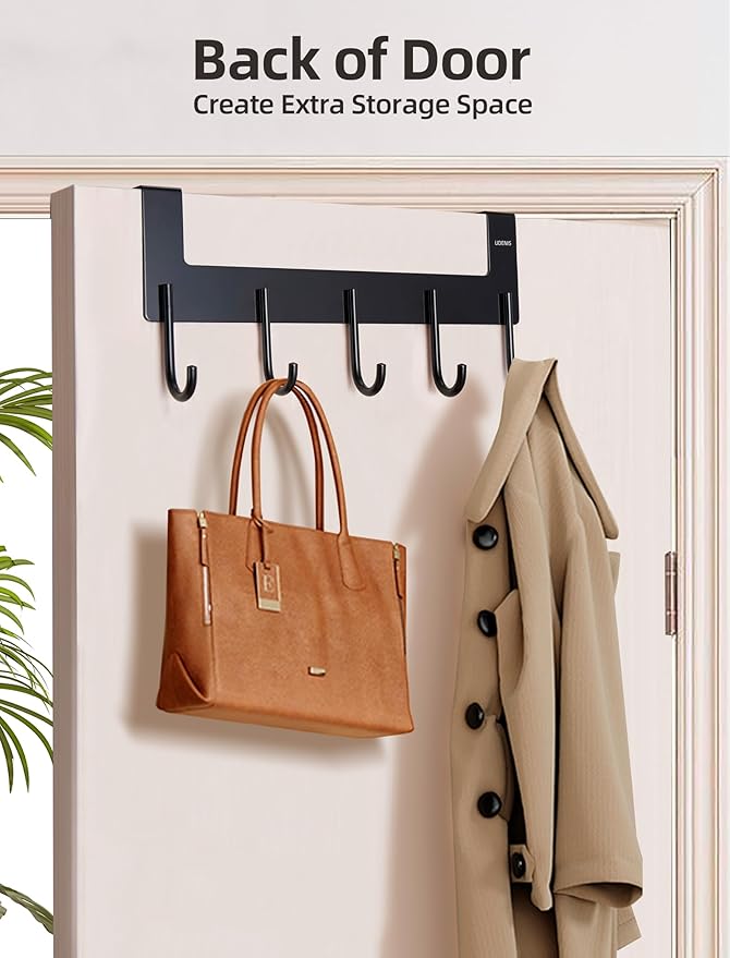 Over The Door Hooks Coat Rack,Over The Door Towel Hanger Drying Rack,Heavy Duty Aluminum Over The Door Towel Rack Hooks for Hanging Coat, Bag, Robe - 5 Hooks Black Color 2 Pack