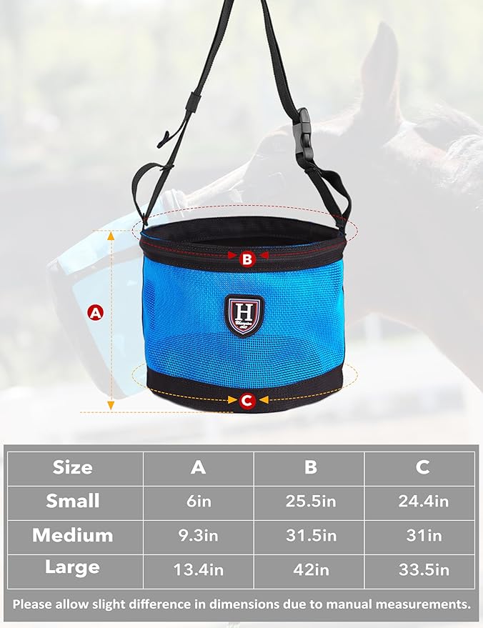 Harrison Howard Horse Muzzle Feed Bag Nylon Mesh Grain Feed Bag with Padded Neck Strap Adjustable Belt Blue Medium
