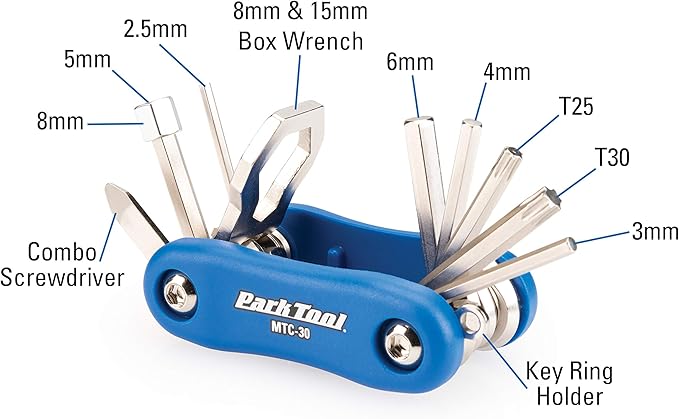 Park Tool MTC-30 Bicycle Multi-Tool with 2.5 to 8mm Hex Wrenches, T25, T30, Screwdriver & Box Wrench