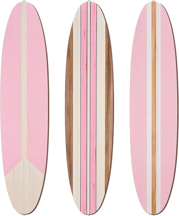 Gerrii 3 Pieces Surfboard Wall Decor 23.6" x 5.4" Preppy Beach Room Decor Aesthetic Large Wooden Cute Beachy Tropical Wall Art for Surfer Bedroom Bathroom Decorations(Pink,Stripe)