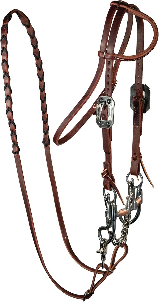 Professional's Choice Pony Bridle Set | 1/2" Wide Split reins, one-Ear Latigo Headstall with Throatlatch, Snaffle bit and Adjustable Curb Chain