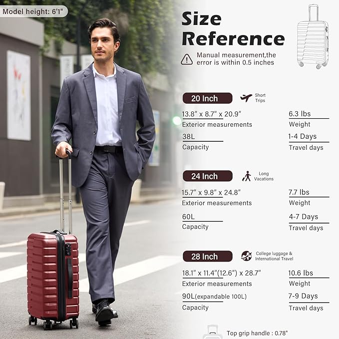 Coolife Medium Checked Luggage with Spinner Wheels, Hardside Suitcase TSA Lock Lightweight Travel Luggage 24-inch,Wine Red
