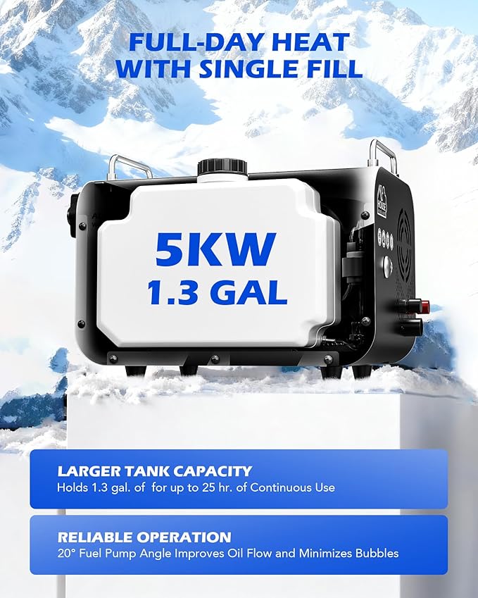 Orion Motor Tech 5kW Diesel Heater, 12V 24V All in One Diesel Air Heater 1.3 Gal Tank with CO Alarm Auto Shutoff Compatible with Car Truck RV Camper Boat (Not an Engine Part)