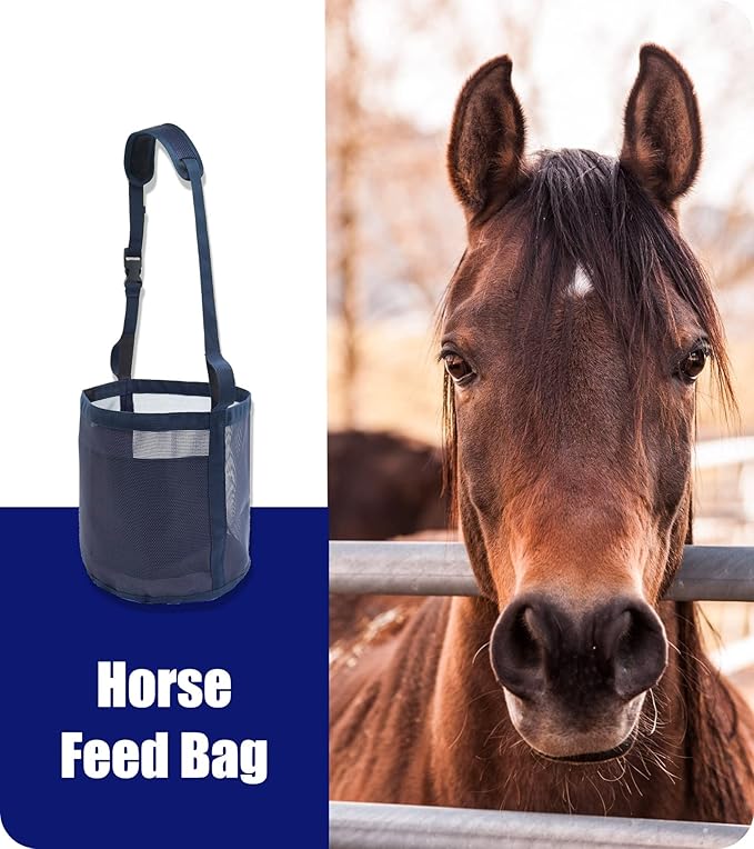 Horse Feed Bag for Grain - Heavy Duty Mesh Horse Feeder with Adjustable Strap,Comfort Neck Pad,Nose Pad Horse Muzzle (Medium,1Blue+1Pink)