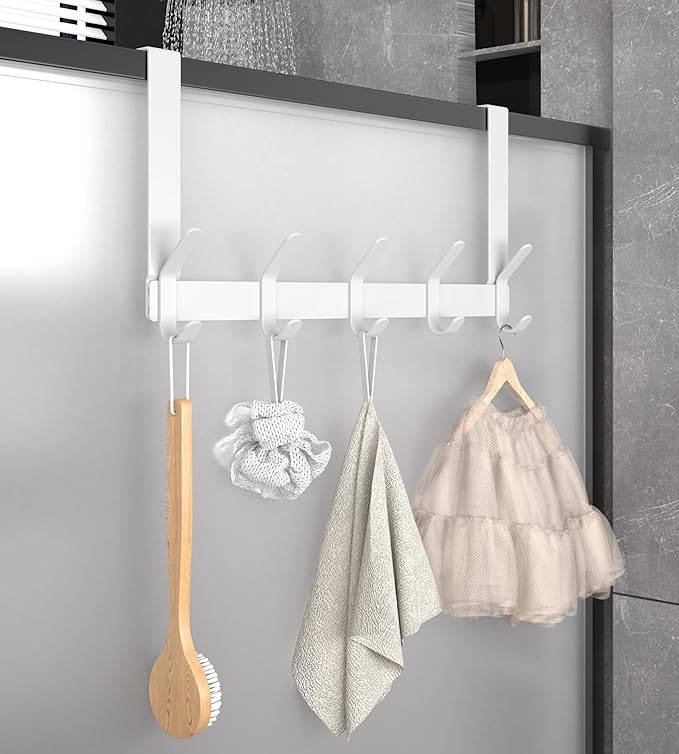 KitchLife Over The Door Hooks with 7" Extended Arms, Fits 1-3/8" Doors, J18U, Heavy Duty Bathroom & Closet Towel Rack, Double-Hooks Hanger 1 Pack, Glossy White