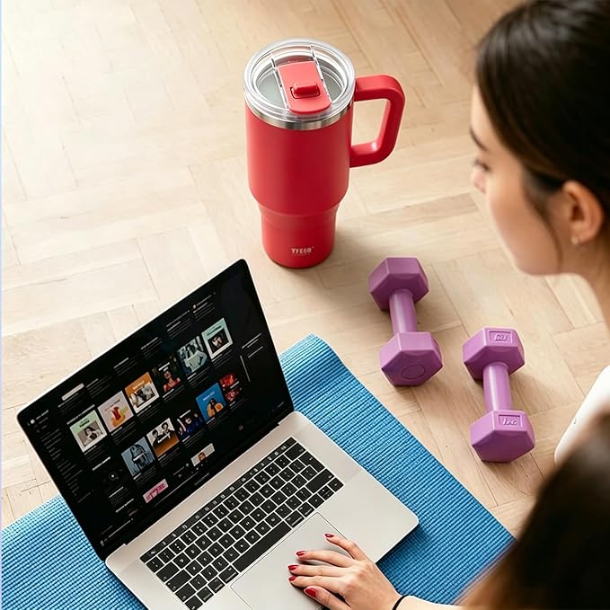 TYESO Vacuum Insulated Tumbler Water Bottle Cold Insulation Stainless Steel Bottle Straw Handle Mug Double Wall Wide Mouth (ROSE RED, 30 oz)