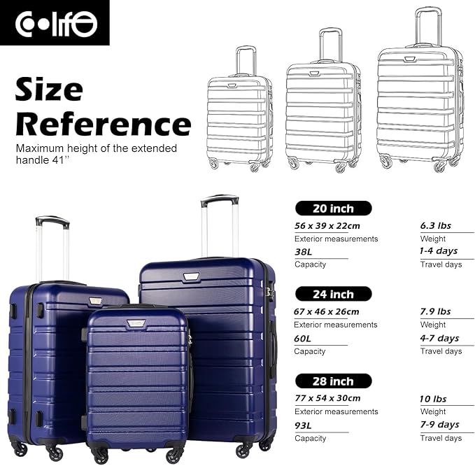 Coolife Luggage 3 Piece Set Suitcase Spinner Hardshell Lightweight TSA Lock (navy, 20/24/28)