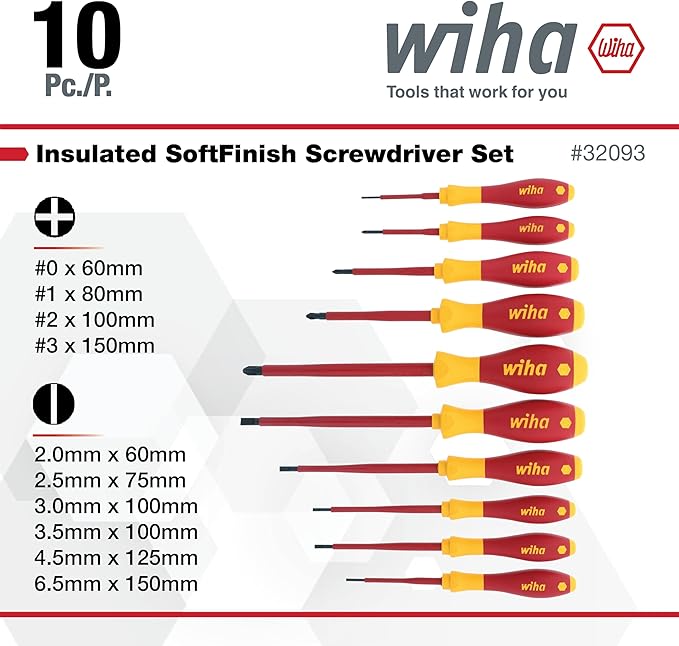 Wiha 32093 Slotted and Phillips Insulated Screwdriver Set, 1000V, 10-Piece, Slotted 2.0–6.5mm, Phillips #0–#3