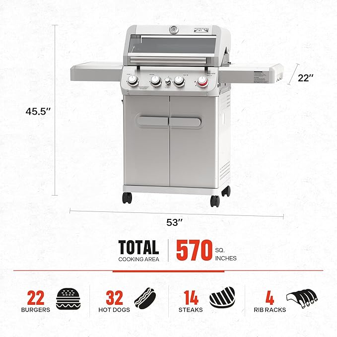 Monument Grills 4 Burner Propane Gas Grill, Stainless Steel Outdoor Patio Barbecue Grill with Cooking Plate, with Broil Zone Fast Heating, Knob Control, and Easy Cleanup, M410MBZ