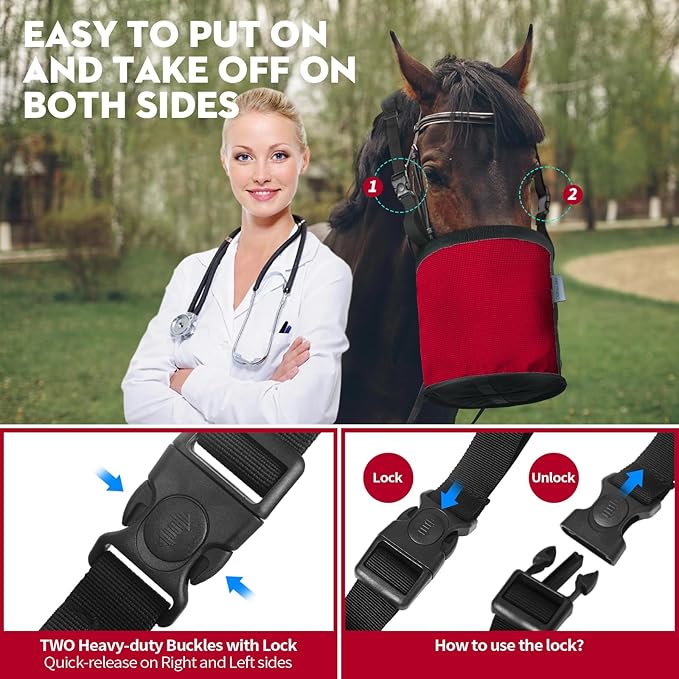 Horse Feed Bag for Grain, Breathable Mesh Feed Bags for Horses, Muzzle Feedbag for Feeding Grain, Anti-Spill Design Feeder, Soft Neck Pad Nose Pad, Universal Fit (Red Pack of 1)