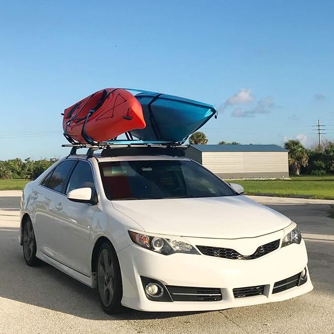 XCAR Universal 2 Pairs Kayak Roof Rack for Surfboard Paddleboard Canoe SUP Boat Skiboard- Rooftop J Bars Carriers Holders for Vehicle Car SUV - Roof Top Mount Kayaks Carrier with 4pcs Straps