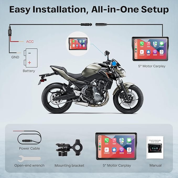 WonVon 5 Inch Motorcycle Carplay GPS Navigation System with Apple Carplay and Android Auto Portable Screen with Dual Bluetooth, Navigation, Siri, Google Assistant(Not Inchluded TPMS)