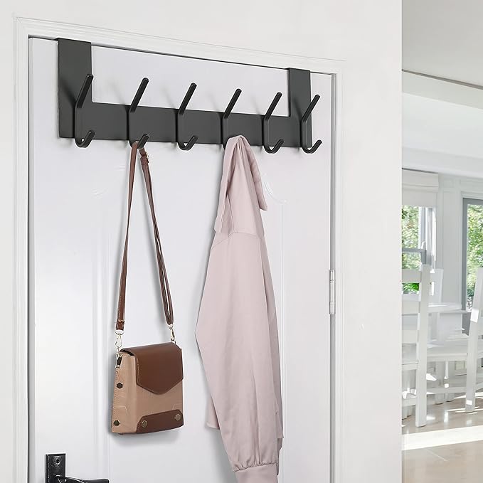 SKOLOO Over The Door Hook - for Doors up to 1-3/4'' Thickness, Black, No Assembly Required, Stainless Steel, Door Coat Rack for Entryway & Bathroom Hanging Coats, Backpack, Robes, Towels, Pack of 2