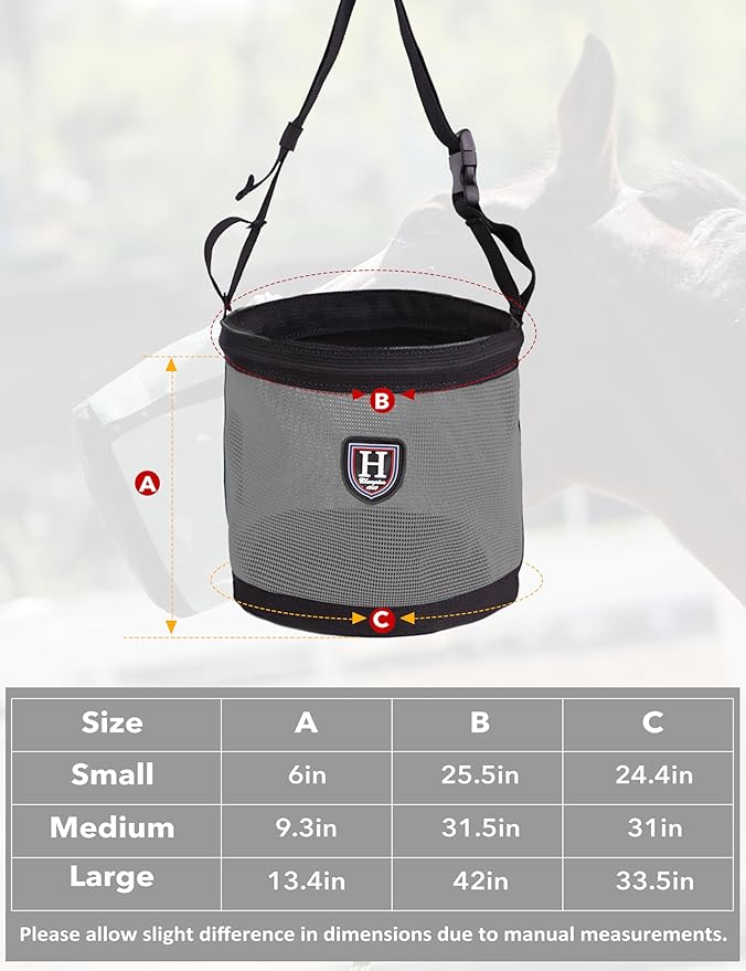 Harrison Howard Horse Muzzle Feed Bag Nylon Mesh Grain Feed Bag with Padded Neck Strap Adjustable Belt Dark Gray Large