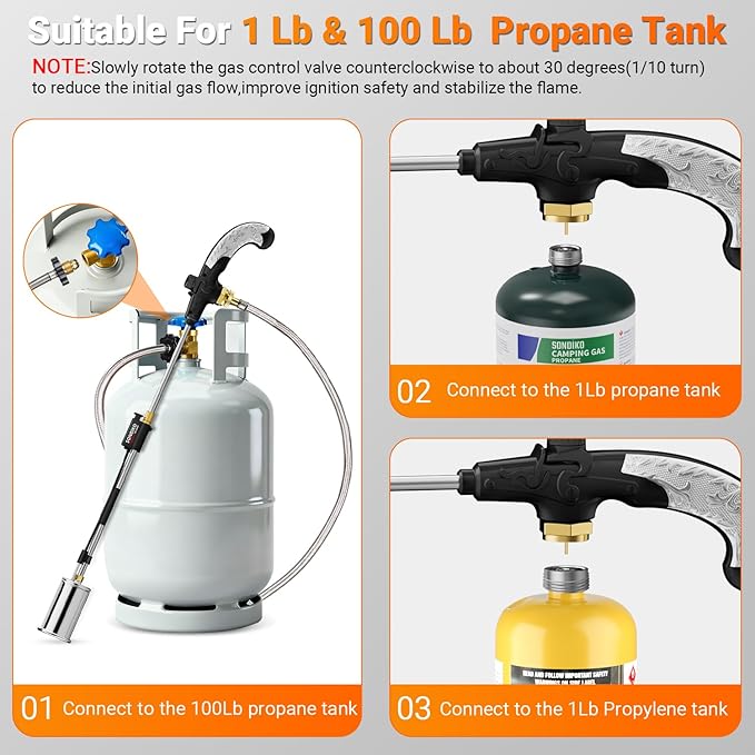 Sondiko Propane Torch Weed Burner with 10 FT Hose, High Output Weed Torch Flamethrower, 30" Detachable Long Arm Heavy Duty Blow Torch with Flame Control(Tank Not Included)