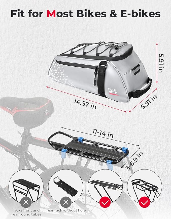 KEMIMOTO Rear Bike Rack Bag, 8L Full Reflective PVC Water Resistant Bicycle Trunk for Road and Mountain Bikes, Ebike Rack Bag with Side Pockets for Cycling Travel Commute