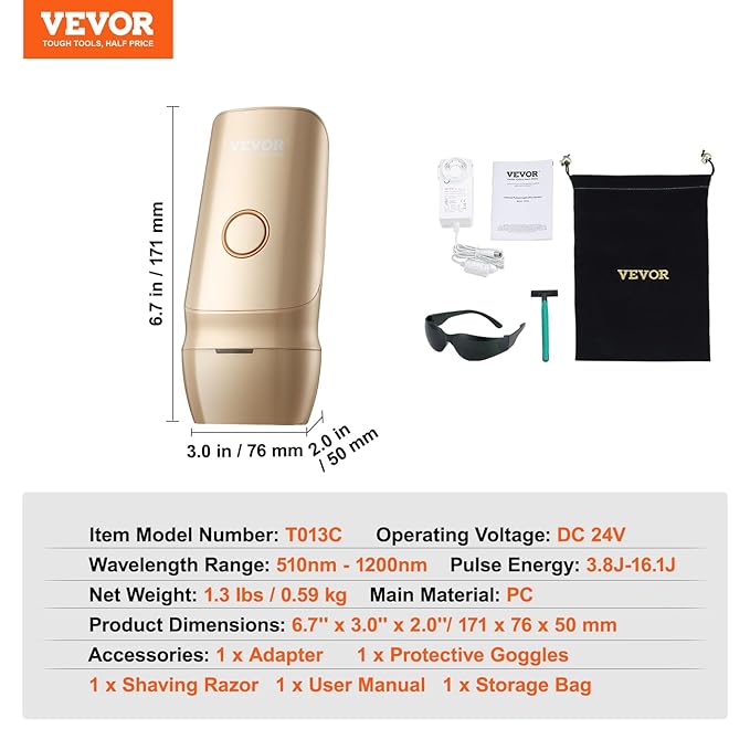 VEVOR Intense Pulsed Light (IPL) System Hair Removal, IPL Permanent Hair Removal with Ice-Cool Technology for Women Men, Auto/Manual Modes, Painless At-Home Hair Removal Device for Whole Body