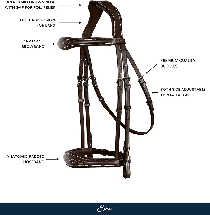 Exion Hunter Anatomic English Bridle – Padded Fancy Stitched Leather Bridle with Rubber Reins – Ergonomic Poll Relief Crownpiece for Show Jumping & Eventing – Stainless Steel – Havana Brown