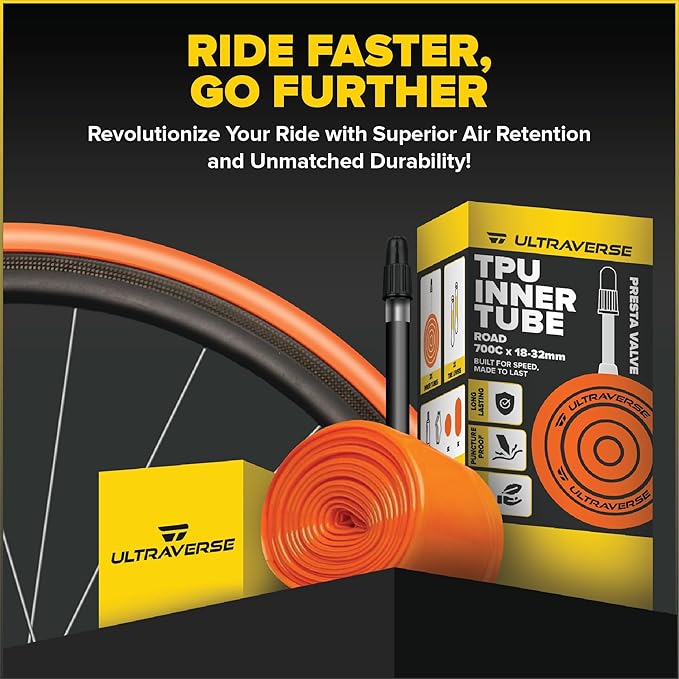 Ultraverse TPU Road Bike Inner Tube 700 x 18-32 with 45mm, 65mm, 85mm Presta Valves Ultra Lightweight Tubes for Road and Gravel Bicycles - 2 Pack with Repair Patch Kit