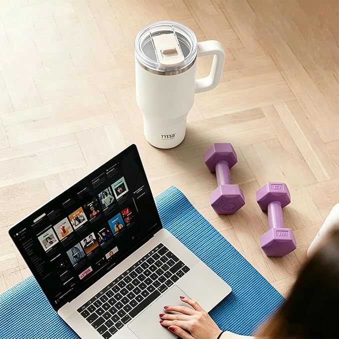 TYESO Vacuum Insulated Tumbler Water Bottle Cold Insulation Stainless Steel Bottle Straw Handle Mug Double Wall Wide Mouth (White, 40 oz)