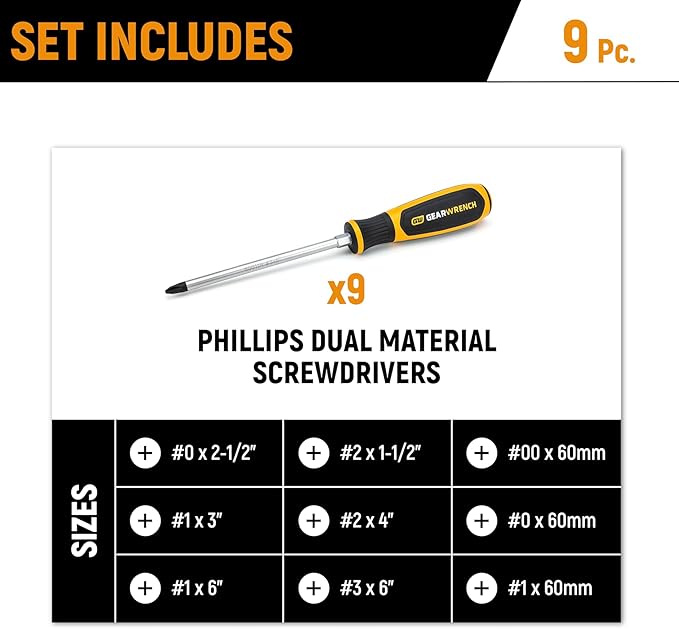 GEARWRENCH 9 Piece Phillips Dual Material Screwdriver Set in Foam Storage Tray - GWMSSCRPH