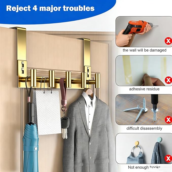 PMMASTO Over The Door Hooks, Fits 1-3/4" Thick Door No Drill Hooks for Closet Bathroom Bedroom Organization, Hanger for Coat Towel Robe (Gold, 5 T-Hooks)