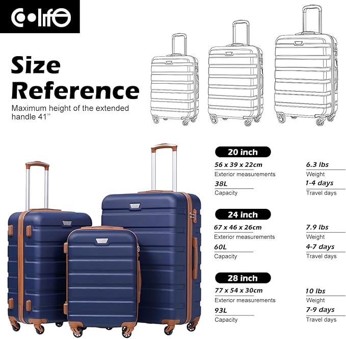 Coolife Luggage 3 Piece Set Suitcase Spinner Hardshell Lightweight TSA Lock (apricot navy,20/24/28)
