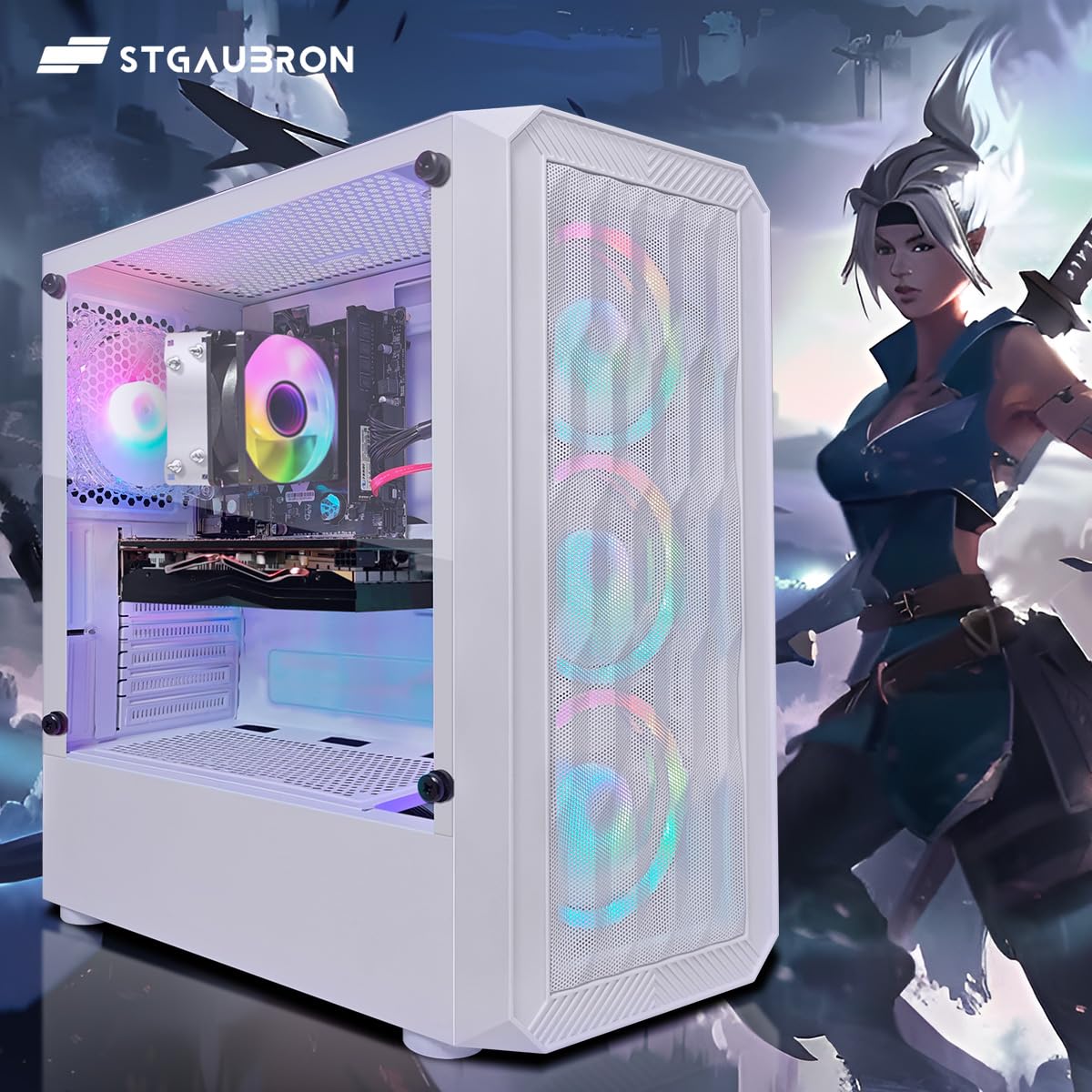 STGAubron Gaming PC Desktop Computer, Intel Core i7 up to 3.9GHz, Radeon RX 580 8G, 16G RAM, 512G SSD, WiFi 6, BT 5.0, RGB Fan x6, Windows 11 Home