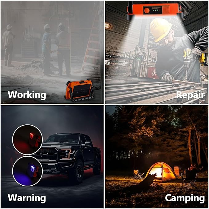 120W ソーラー充電式作業灯、144 LED 10000LM ポータブル投光器、スタンド付き、IP66防水、4モード、LED作業灯、整備士、キャンプ、釣り、車の修理用(オレンジ 1個)