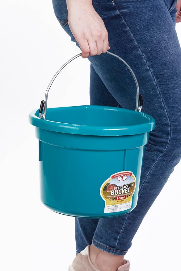 Little Giant® Flat Back Plastic Animal Feed Bucket | Animal Feed Bucket with Metal Handle | Horse Stall Feeding and Watering Supplies (Teal, 8 Quart)