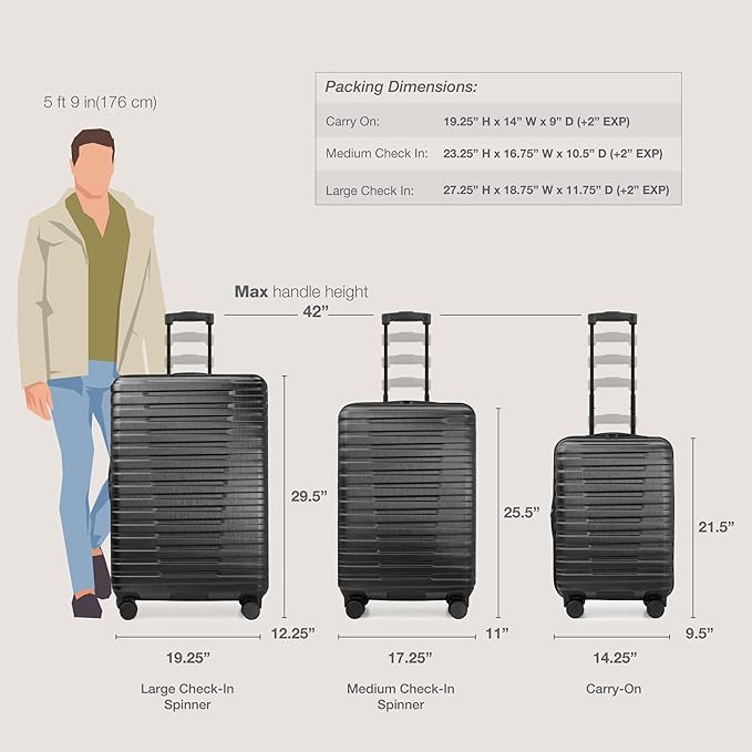 U.S. Traveler Boren 拡張可能ハードサイド 頑丈な旅行用荷物 8つのスピナーホイール付き ブラック 3点セット