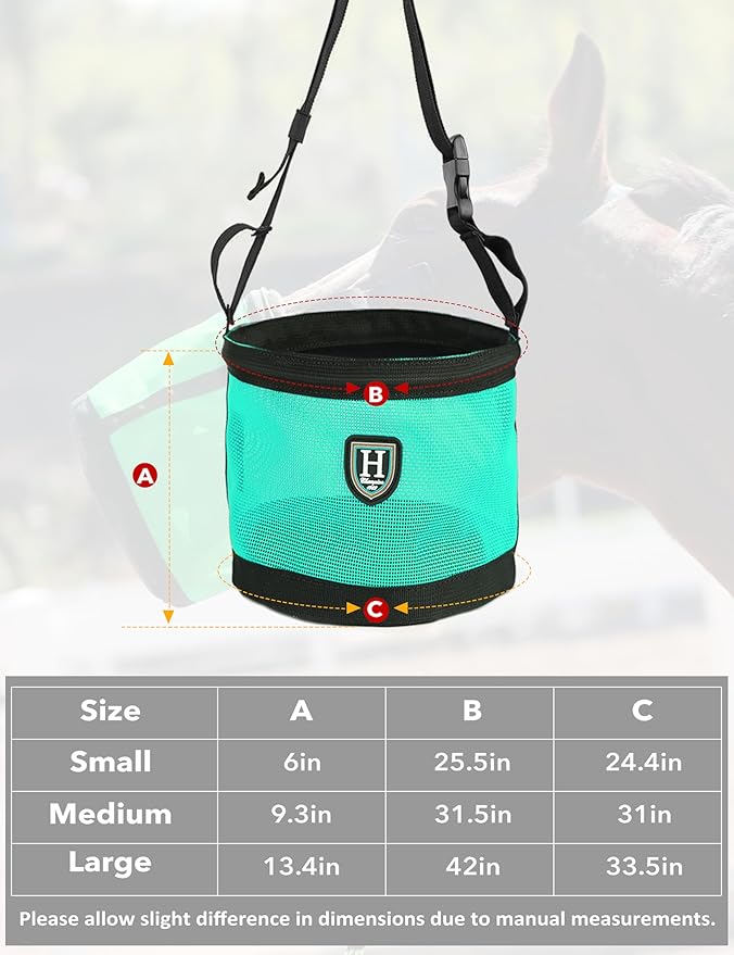 Harrison Howard Horse Muzzle Feed Bag Nylon Mesh Grain Feed Bag with Padded Neck Strap Adjustable Belt Mint Medium