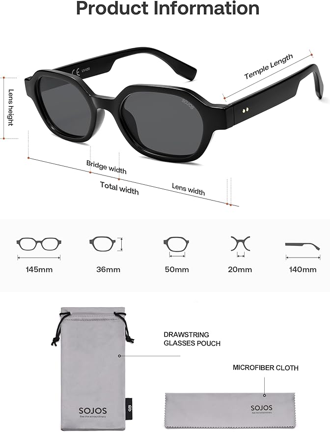 SOJOS レトロ偏光ヘキサゴンサングラス レディース メンズ、UV400 トレンディな長方形 70年代 80年代 90年代 シェード SJ2389
