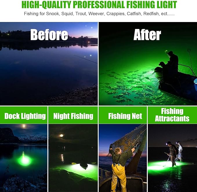 Linkstyle 12V Submersible Fishing Light, 2000LM Underwater Green Fish Attractants Lamp with 5M Cord for Boat Night Fishing