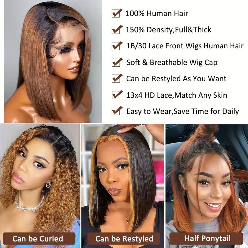 Wave Head Non-toxic Wig, Short Straight Hair, Human Hair Without Glue, 13x4 HD Lace, Front Hair, Front Brown Wave Head Wig.