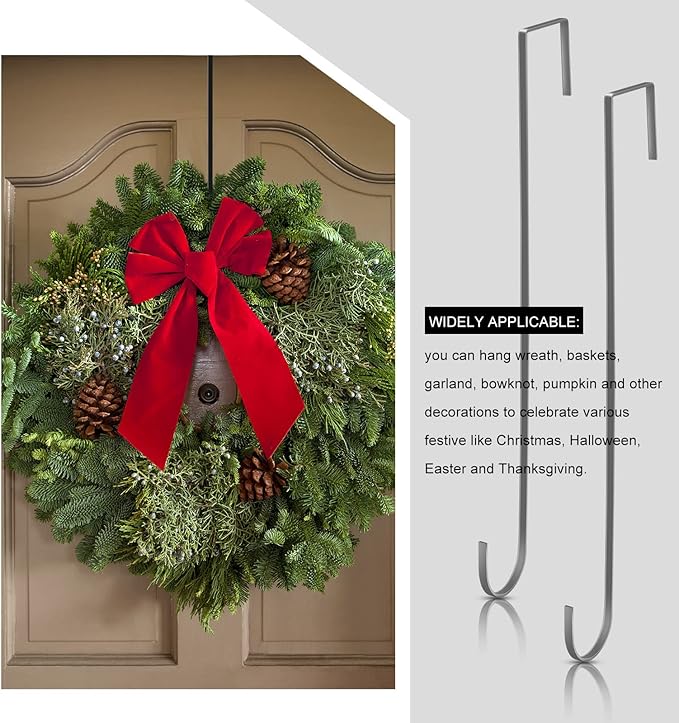 Hotop 15 Inch Wreath Hangers for Front Door Wreath Doors Hangers Steel Material Clothes Towel Hooks Holder Over The Door Hanger Hooks 2 Pcs for Christmas Halloween Front Decorations(Black)