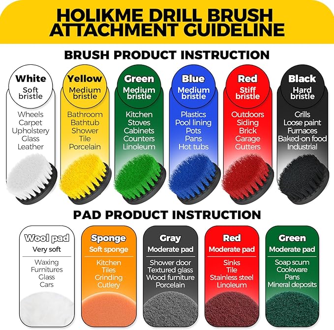 Holikme 15-Piece Drill Brush Attachment Set - Power Scrubber, Crevice, Scrub, Bathroom Gap, Grout, Tile & Kitchen Cleaning Brushes