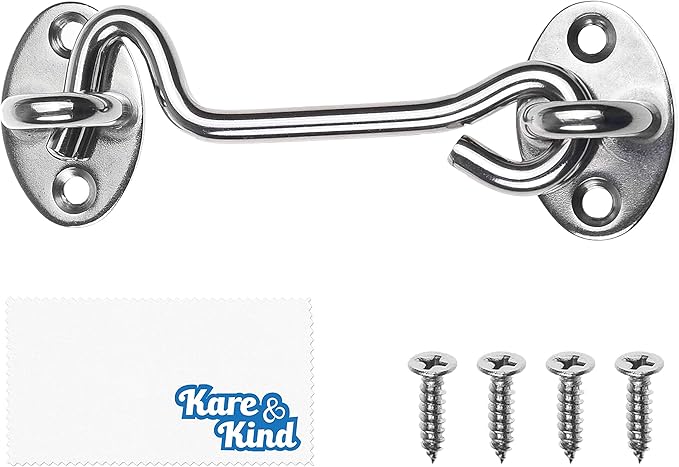 Kare & Kind Hook and Eye Latch (4-inch) - with Mounting Screws - Heavy Duty Locks for Door, Gates, Barns, Bathrooms, Cabins (1-Silver)