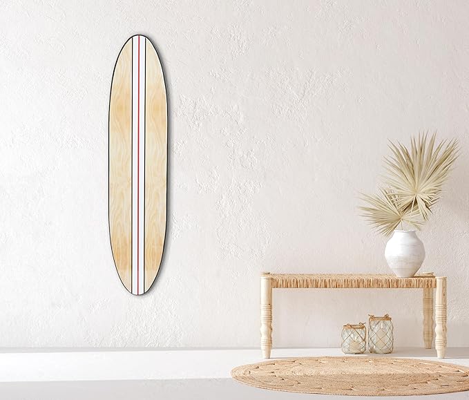 Creative Co-Op Coastal Decorative Surfboard Wall Décor, White Stripe Overlaid On Natural Wood, Hangs Vertical or Horizontal