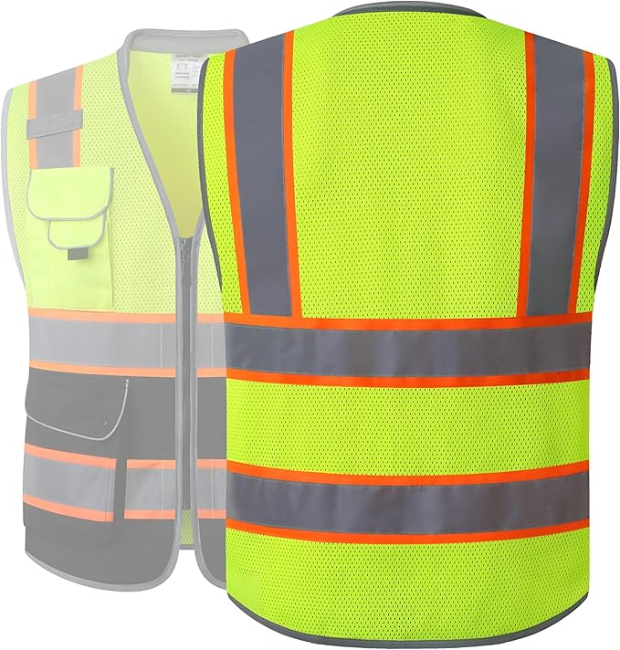 JKSafety 9 Pockets Class 2 Hi-Vis Safety Vest High Visibility Reflecitive Mesh Safety Vests for Men and Women Cushioned Collar Work Utility PPE Work Gear ANSI/ISEA compliant (101-YBlack XXL)