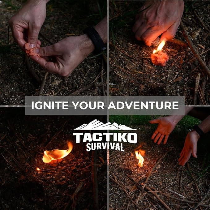 Tactikoキャンプ用ファイヤースターター – 濡れた薪や緊急キットにも使える防水サバイバルファイヤースターター – 燃焼時間5分、50回使用可能、60g – ハイキング・バックパッキング用軽量キャンプアクセサリー