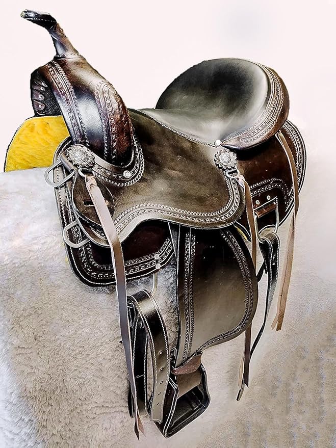 Barrel Brown Western Horse Trail Saddle Set Leather Horse Saddle with Headstall, Breast Collar Combo Rodeo Cowboy Riding Equestrian Comfortable Ride Black Saddle Tack Set