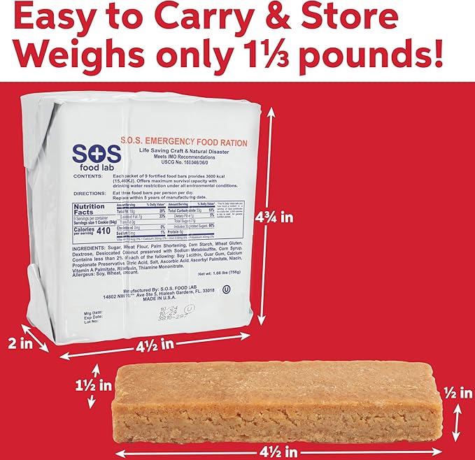 S.O.S. Rations Emergency 3600 Calorie Food Bar - 3 Day / 72 Hour Package with 5 Year Shelf Life- 8 Packs