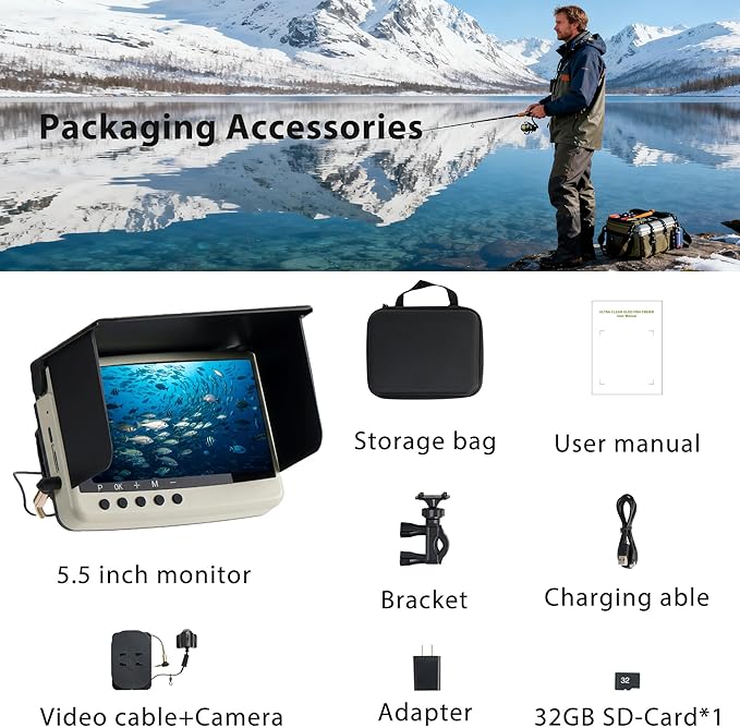 IP68防水水中釣りカメラ(モニター付き) | ナイトビジョン&深度探知機搭載オールインワンポータブル魚群探知機 | 氷上、湖、海、カヤック、ボート用