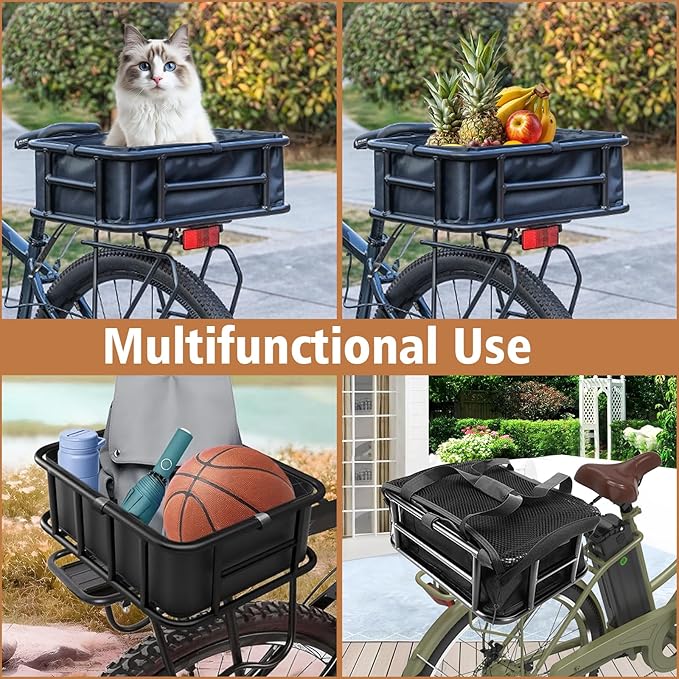 Bike Basket Rear, Bicycle Basket with Liner,Waterproof Cover,Cargo Net, Large Bike Back Baskets, Heavy Duty Rear Bicycle Baskets for Most Bikes and E-Bike