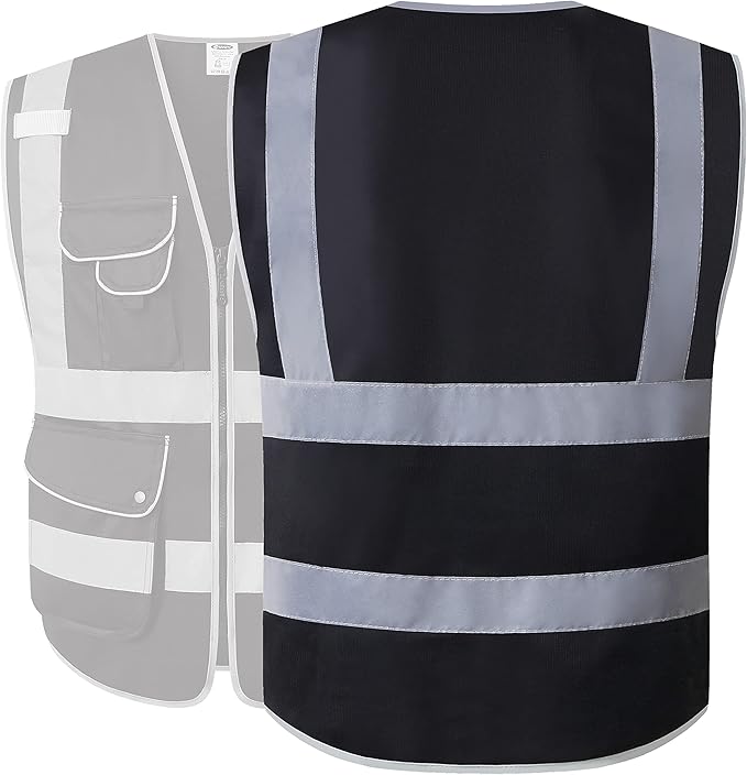 JKSafety 9 Multi-Functional Pockets Zipper Front Safety Vest With Reflective Strips Meet ANSI ISEA Standards (150-Black, X-Large)