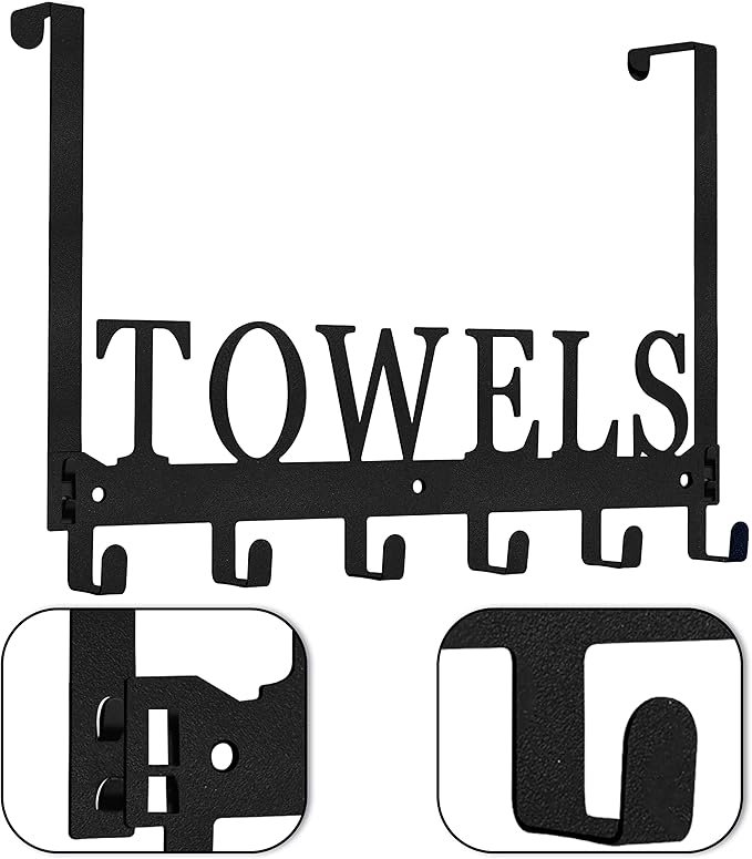 Over The Door Hooks, Towel Holder for Bathroom, Mount Rack Metal Bath Hanger Bedroom Kitchen Pool Beach Bathrobe Wall Hooks (6 Hooks, Black).